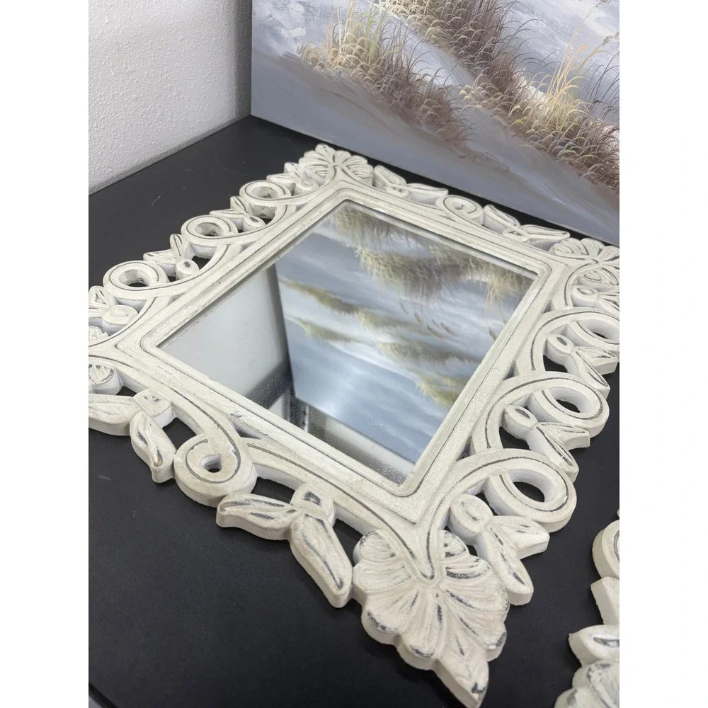 Set of 2 Distressed White Ornate Scroll Wall Mirrors Coastal Shabby Chic 12x15